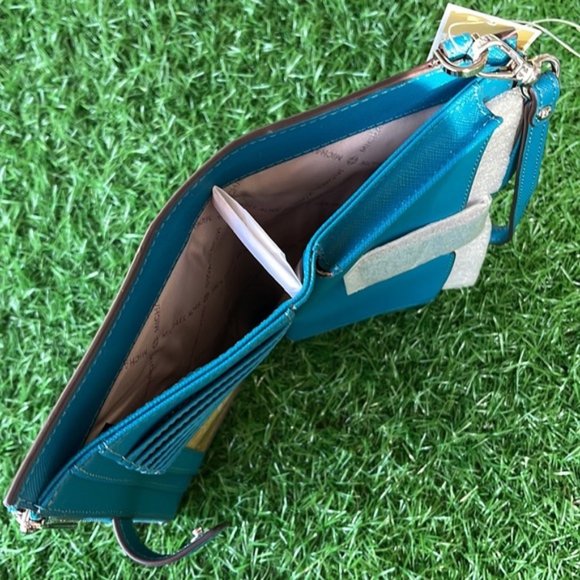 Michael Kors Large Double Zip Leather Wallet Wristlet Phone Case Lagoon - Picture 9 of 16